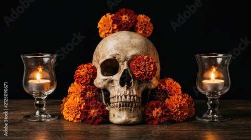 Skull with marigold flowers for Day of the Dead celebration. Traditional Mexican sugar skull decorated with orange blossoms on dark background.