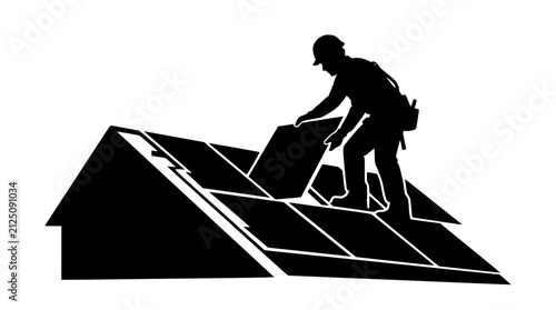 Silhouette of a roofer installing roofing material on a house roof