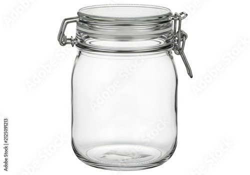 Empty glass jar with metal clamp lid isolated on transparent background