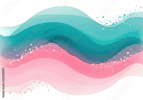 Abstract watercolor wave background in teal and pink isolated on transparent background