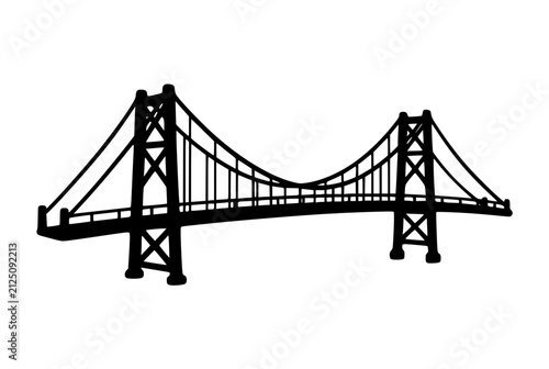 Black Suspension Bridge Silhouette Isolated on White Background