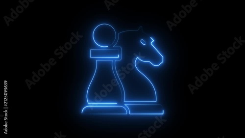 Neon chess pieces pawn and knight glowing blue outline animation