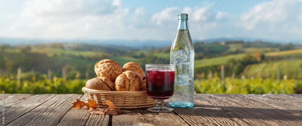 Obraz premium Basketh of Fresh Bread and Glass of Red Drink on Wooden Table with Scenic Vineyard Background