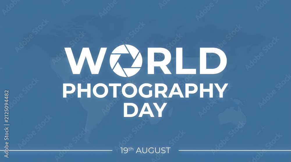 Fototapeta premium World photography day celebration graphic with camera shutter icon and world map background