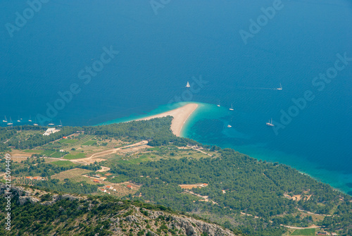 Beautiful Panorama of Famous Adriatic Beach Zlatni Rat (Golden Cape or Golden Horn) with Turquoise Water. Island of Brac, Croatia