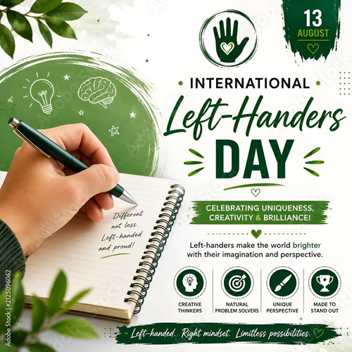 International left-handers day social media graphic featuring a person writing in a notebook to celebrate left-handed uniqueness and creativity