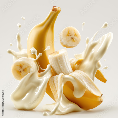A whole peeled banana surrounded by slices, coated in glossy, dripping white cream; a hyper-realistic, artfully composed studio illustration in the style of magazine food photography, isolated on a wh
