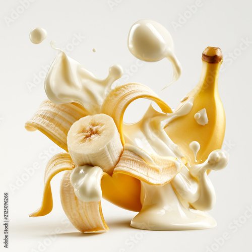 A whole peeled banana surrounded by slices, coated in glossy, dripping white cream; a hyper-realistic, artfully composed studio illustration in the style of magazine food photography, isolated on a wh