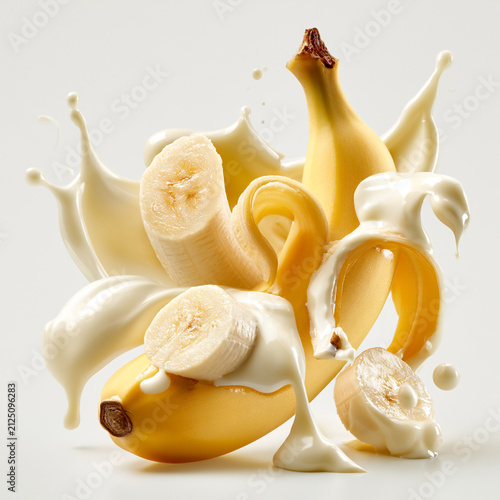 A whole peeled banana surrounded by slices, coated in glossy, dripping white cream; a hyper-realistic, artfully composed studio illustration in the style of magazine food photography, isolated on a wh