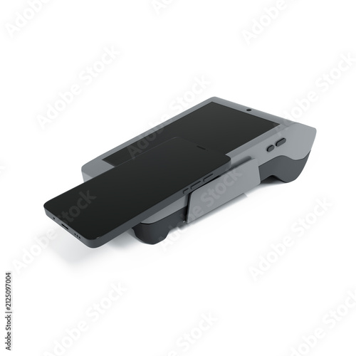 Pos-terminal with smartphone isolated on white background