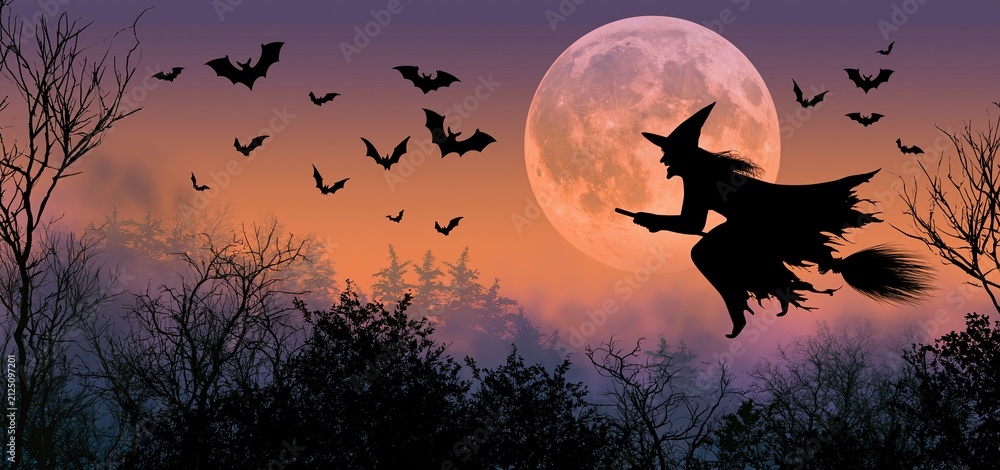 Fototapeta premium Under a glowing full moon, a witch soars above a haunted forest with bats on Halloween night.
