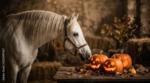 White horse with Halloween pumpkins. Equine animal standing near carved jack-o-lanterns.