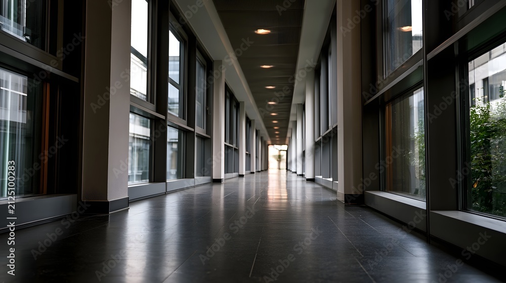 Fototapeta premium A long modern hallway with large on both sides and polished dark floor reflecting overhead lights