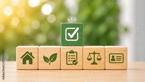 ESG And Property Regulation Concept With Wooden Blocks And Successful Compliance Checkmark
