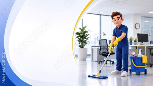 Cartoon janitor cleaning office floor. Professional cleaner mopping modern workspace area.