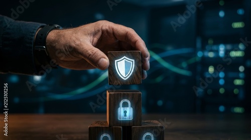 Hand stacking blocks with shield and lock icons symbolizing security