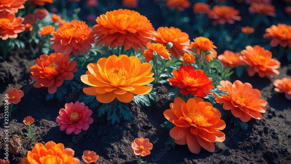 Obraz premium Vibrant Orange Flowers Blooming in Dark Soil under Sunlight