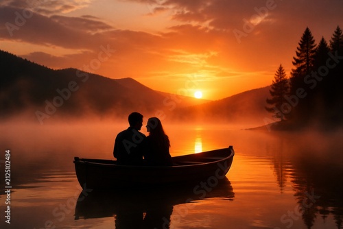 Couple sitting in rowboat at sunset on misty mountain lake