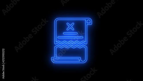 Modern animated neon failed receipt icon featuring a glowing receipt with an X symbol on a black background. Represents failed payment, invalid invoice, billing error, transaction failure, purchase is