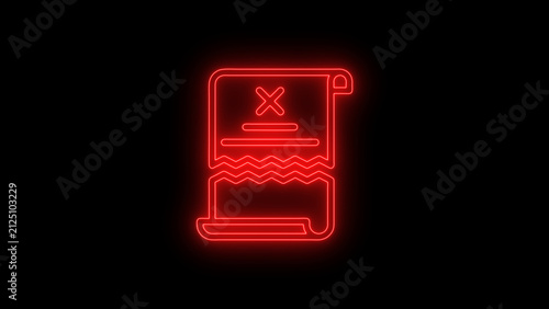 Modern animated neon failed receipt icon featuring a glowing receipt with an X symbol on a black background. Represents failed payment, invalid invoice, billing error, transaction failure, purchase is