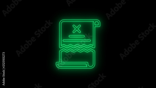 Modern animated neon failed receipt icon featuring a glowing receipt with an X symbol on a black background. Represents failed payment, invalid invoice, billing error, transaction failure, purchase is