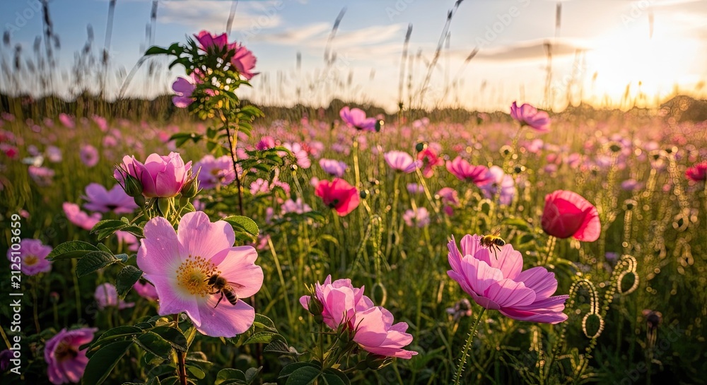 Fototapeta premium Pink cosmos flowers blooming in a sunset field.