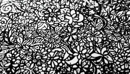 Intricate Black and White Floral Pattern with Detailed Illustrations