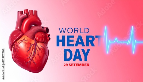 Realistic anatomical heart with ECG line, World Heart Day poster.