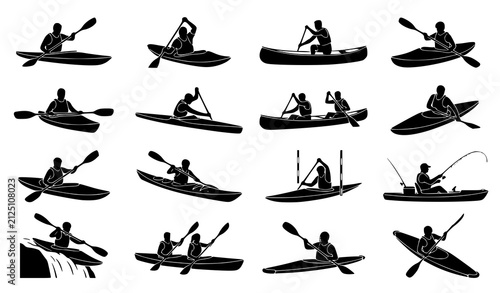 Kayaking Canoeing Athlete Paddling Black Silhouette Water Sports Vector Set