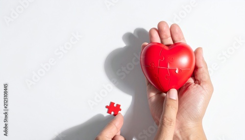 Two hands holding red heart puzzle with missing piece, World Heart Day poster.
