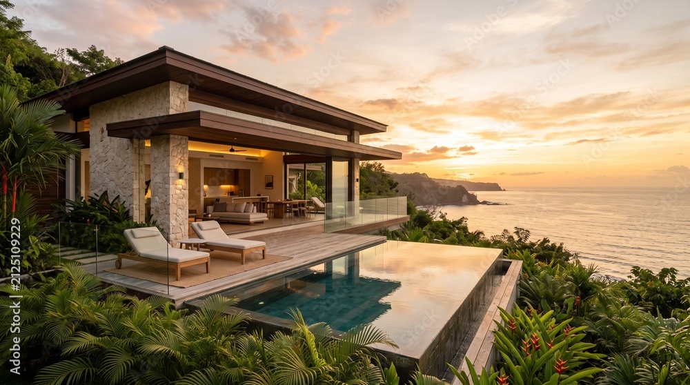 Fototapeta premium Luxury tropical villa with infinity pool overlooking ocean sunset. Modern beachfront home featuring panoramic sea views and outdoor living space.