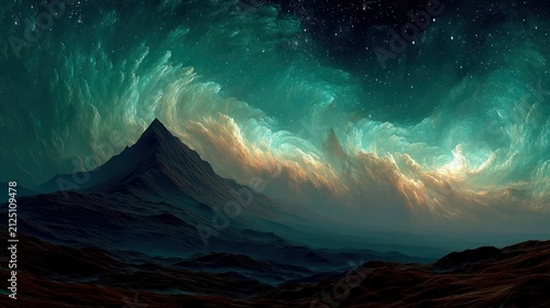 Dramatic view mountain range beneath swirling, teal-colored clouds and starry night sky
