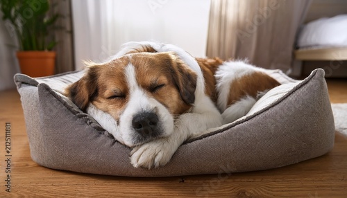 dog sleeping peacefully in a large dog bed curled up with a soft blanket dog nap peaceful pet at home