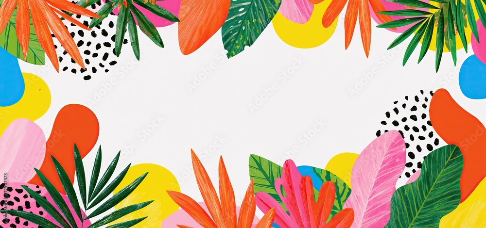 Obraz premium Spring 2027 greeting card with colorful tropical leaves and lively abstract designs for seasonal promotions.