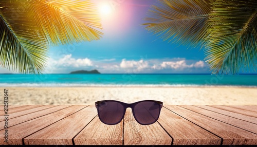 wooden table with sunglasses on a tropical beach under palm tree leaves for summer vacation and travel banner background