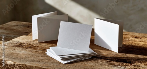 Rustic wood table featuring photorealistic double-sided greeting cards with ample space for personalized holiday wishes.