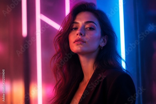 Young woman posing under neon lights in urban interior
