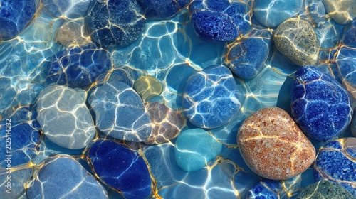 Blue and tan stones rest under clear, shimmering water in bright sunlight. Use for a calming, natural feel in backgrounds or graphic design.