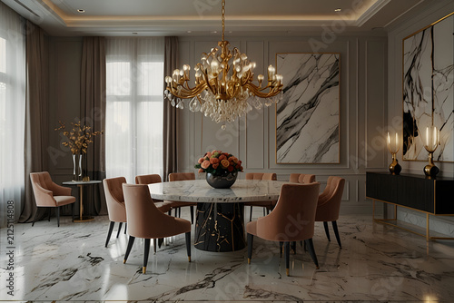 Sophisticated Modern Dining Room Interior Featuring a Marble Round Table and Elegant Crystal Chandelier with Soft Velvet Upholstered Chairs