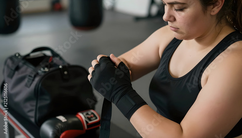 Plus-Size Woman Wrapping Hands for Boxing Workout: Gym Preparation