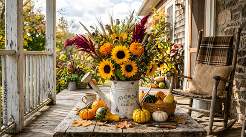 Rustic autumn porch decor featuring sunflowers and mini pumpkins