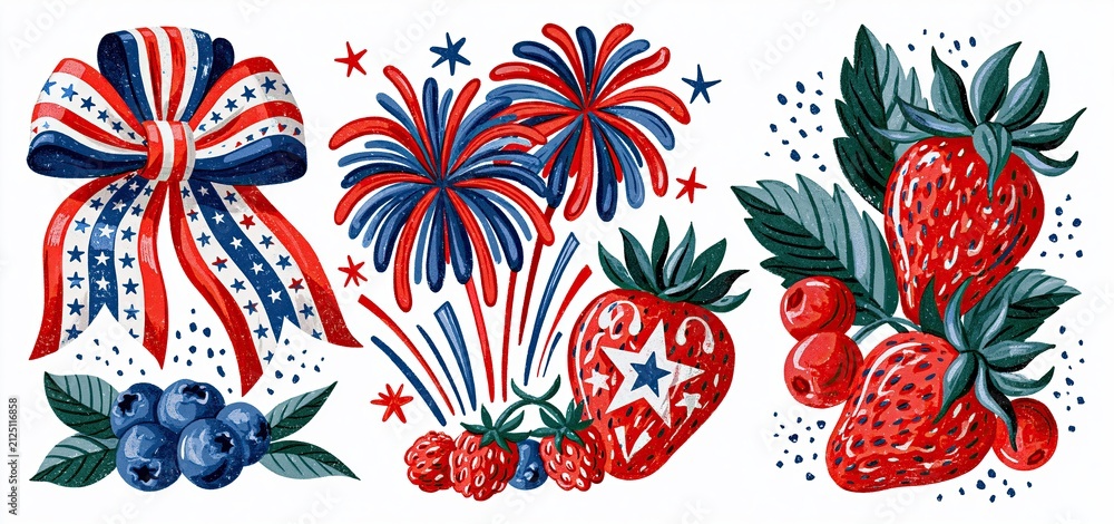 Obraz premium Retro patriotic 250th anniversary design with festive ribbons, fireworks, and fresh berries celebrating Independence Day.