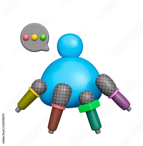 microphones pointed toward speaker silhouette icon and speech bubble. interview, press conference, media interaction concept. 3D render cartoon style