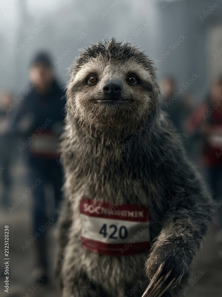 Naklejka premium Determined sloth running a race, bib number 420
