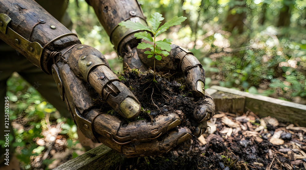 Obraz premium Wooden robotic hands gently holding a small green sapling in forest soil