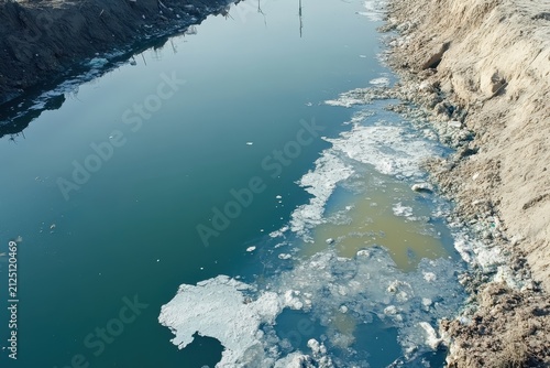 Polluted River with Ice and Chemical Waste