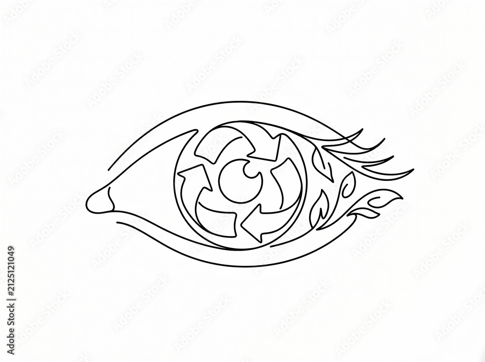 Fototapeta premium Abstract single line drawing of an eye with a recycling symbol and leaves inside, symbolizing eco-consciousness and sustainability in a minimalist white background.