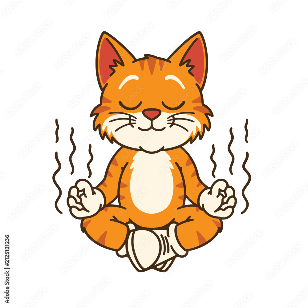 Fototapeta premium cute meditating cat cartoon mascot vector illustration with calm zen expression