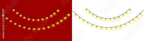 Festive Festoon Lights on Red and White Backgrounds. Celebration Garland Decor, Wedding Decoration, Christmas Series, Party Illumination, Event Design.