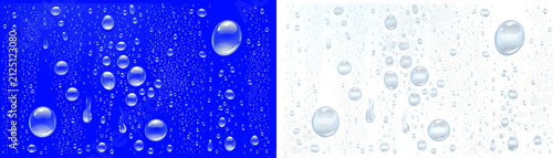 Water Drops Textures Set. Realistic Clear Raindrops on Blue and White Backgrounds. Moisture, Condensation, Wet Surface Details. Bubbles, Dampness, Liquid Themes